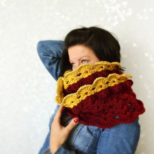 One of a kind chunky crochet twisted Loop infinity scarf cowl with golden tone yarn accents, knitted wrap, yellow gold burgundy winter scarf