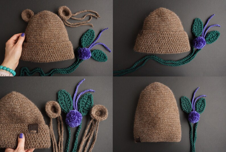 May include: A collection of handmade crochet hats in various stages of completion. The hats are brown with ear details. Accompanying the hats are green leaves, purple pom-poms, and long brown yarn strands. The items are arranged on a dark gray surface.