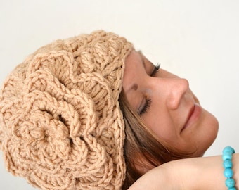 Crochet Knit Hat with Big Flower: Cream Beige Wool Blend Beanie