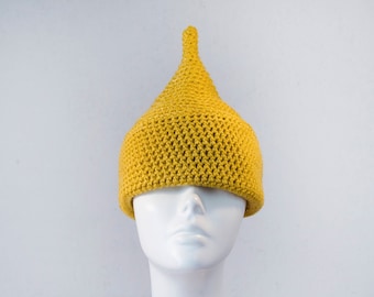 Pointy Gnome hat, raised top hat, ELF PIXIES costume hat, MERINO wool hat, slouchy crochet beanie, mustard yellow hat, funny winter hat