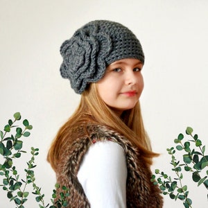 Crochet winter hat with BIG flower for girl women, chunky knitted hat, grey wool hat, toddler girl clothes, Gift for sister, Boho Crochet