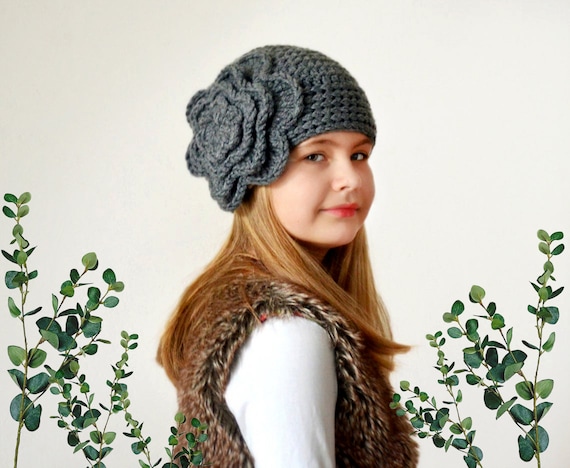 Crochet Wool Hat With Big Flower: Chunky Knit Winter Beanie  display picture 1