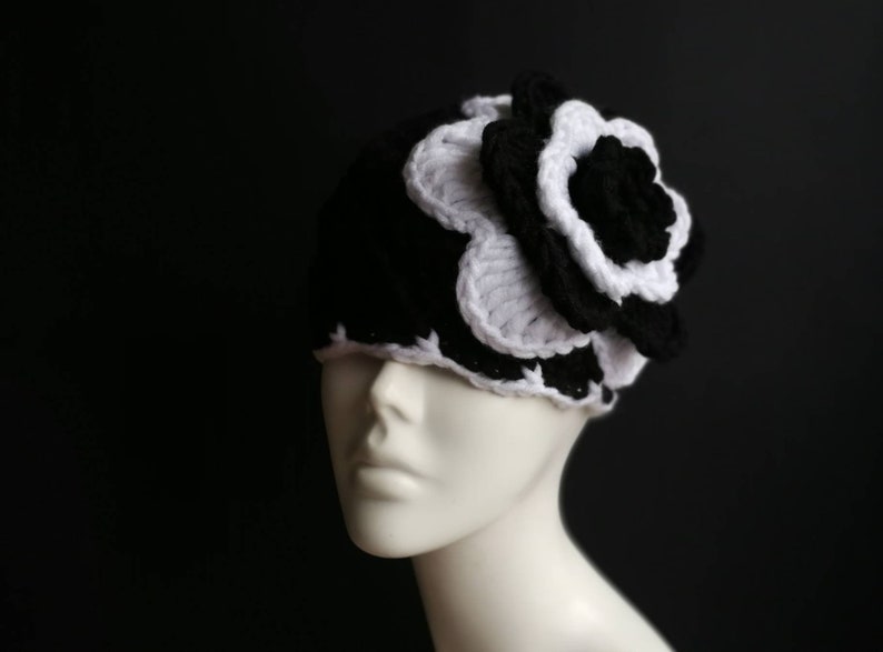 winter hat for woman black and white hat piano hat vintage style hat Chunky Knitted hat with BIG flower crochet flower beanie 1920 hat
