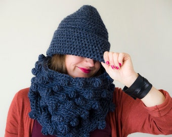 Crochet Puff Stitch Pattern Scarf - Chunky Knitted Bubble Scarf - Navy Blue Winter Wool Scarf - Cozy Cocoon Neckwarmer Cowl - Christmas Gift