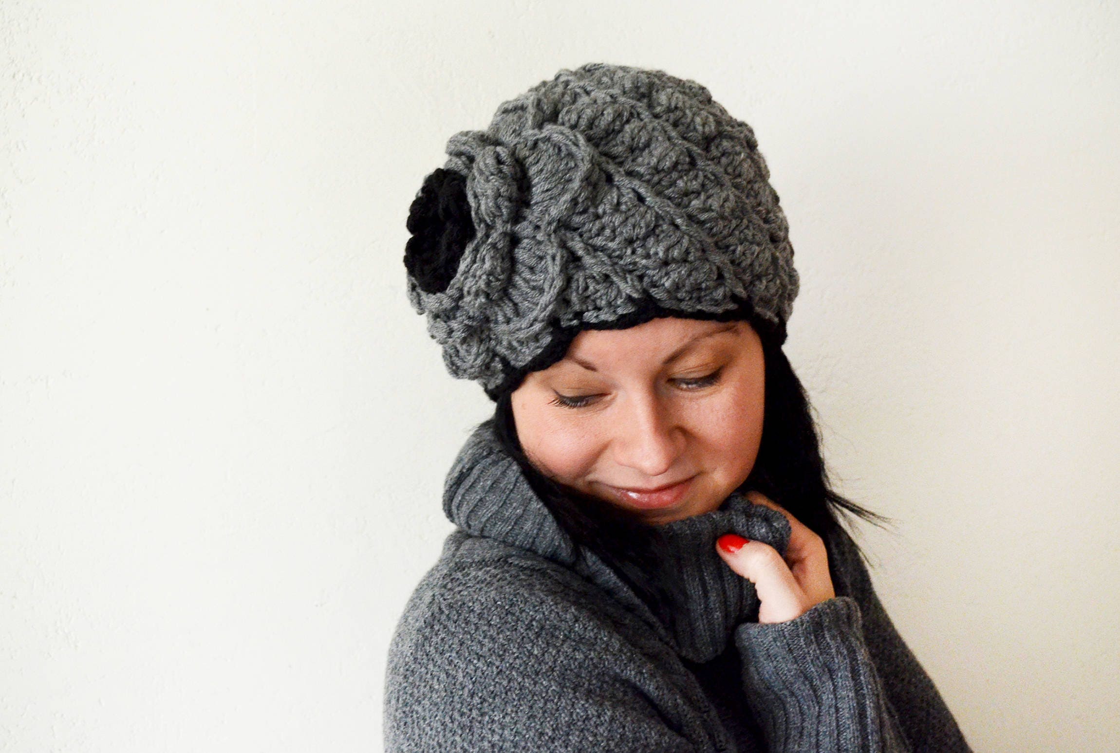 Knitted FLOWER Hat for Women or Girl Grey Winter Hat With - Etsy