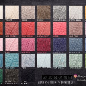 May include: A color chart of yarn skeins in various shades, including off-white, yellow, orange, pink, blue, and green. The chart displays the color names and the yarn composition: Alpaca 65%, Merino 7%, Polyamide 28%. The Etsy shop name is visible.