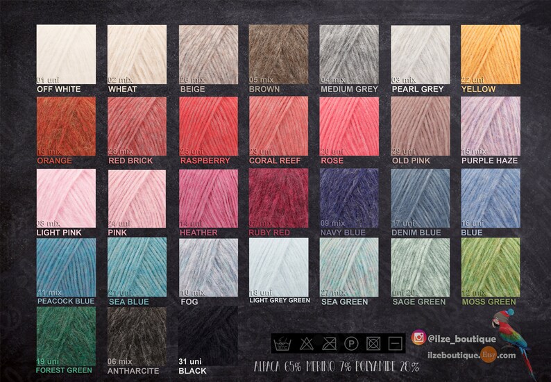 May include: A color chart of yarn skeins in various shades, including off-white, yellow, orange, pink, blue, and green. The chart displays the color names and the yarn composition: Alpaca 65%, Merino 7%, Polyamide 28%. The Etsy shop name is visible.