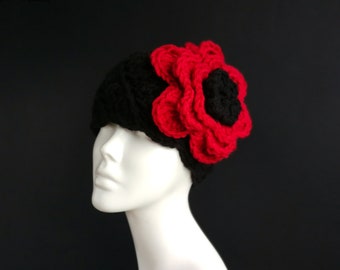 Chunky knitted black hat with red flower for women or girl, crochet pattern flower beanie, flamenco style BIG flower hat, poppy flower