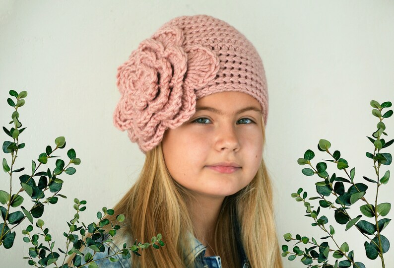 Chunky knitted hat with BIG flower, winter wedding hat for girl women newborn baby toddler teen girl, 1920s cloche hat, Gift for Her image 3