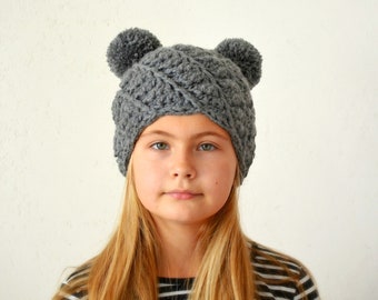 Double pom pom hat, grey mouse ears hat, koala beanie, crochet hat with two pom poms women girl, mommy and me outfit, ILZE