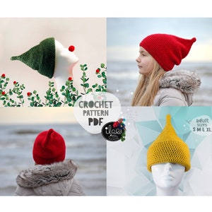 Może przedstawiać: Wzór na szydełku PDF na czapkę z czubkiem w kolorze czerwonym, zielonym i żółtym. Wzór zawiera rozmiary dla dorosłych S, M, L i XL.