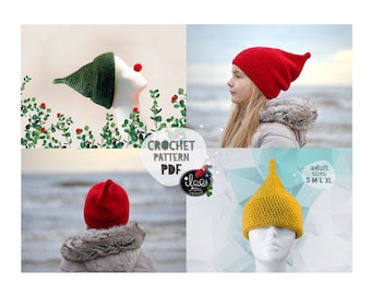 Crochet pixie hat pattern, DIY Christmas Gnome hat pattern, funny hat pattern, slouchy hat pattern, elf pattern, raised top hat pattern