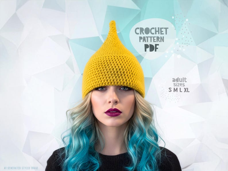 Crochet Pixie Hat Pattern, DIY Christmas Gnome Hat Pattern, Funny Hat Pattern, Slouchy Hat Pattern, Elf Pattern, Raised Top Hat Pattern image 10