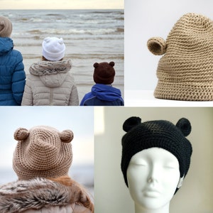 May include: A collection of handmade crochet hats with bear ear details. The hats are in various colors, including tan, white, and black. One hat is shown on a mannequin head. The hats are suitable for children and adults.