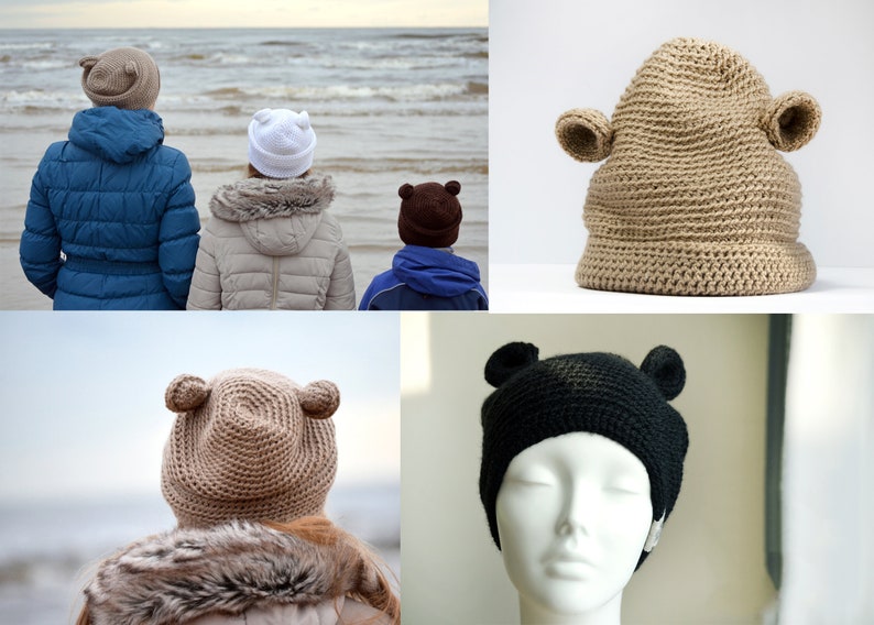 May include: A collection of handmade crochet hats with bear ear details. The hats are in various colors, including tan, white, and black. One hat is shown on a mannequin head. The hats are suitable for children and adults.