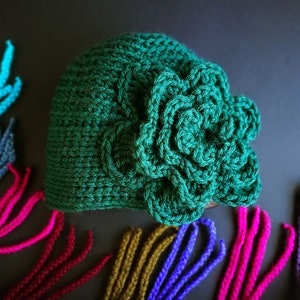 Chunky knitted hat with giant flower for women girl, crochet grey hat, retro style hat, boho hippie hat, fashion hat, gift for mother sister