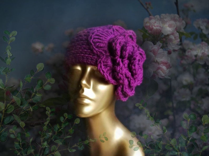 Chunky knitted hat with BIG flower, winter wedding hat for girl women newborn baby toddler teen girl, 1920s cloche hat, Gift for Her image 7