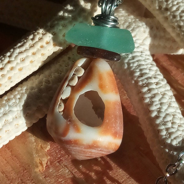 Unique Sea Glass Jewelry Necklace Genuine Surf Tumbled Casual  Boho Ocean Beach Theme Shell Cone Aqua Blue Hawaii North Shore