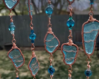 Sea Glass Suncatcher Single Strand Brightest Aqua Blue