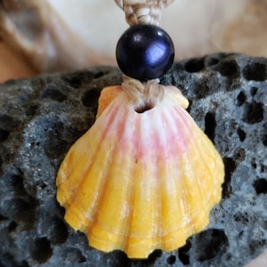 May include: A yellow and pink seashell pendant necklace with a dark blue bead. The necklace is made with a natural fiber cord.