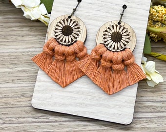 Wood Macrame Fringe Earrings, Wood Sunflower Earrings, Boho Inspired Earrings, Statement Earrings, Lightweight Earrings, Gifts for Her