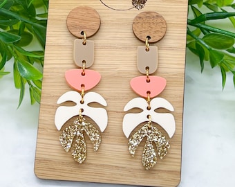 Monstera Leaf Acrylic Gold Neutral Pink Stud Dangle Earrings, Lightweight Boho Plant Lady Statement Earrings, Wood Stud Earrings for Her