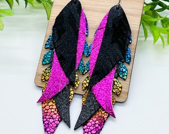 Layered Leather Feather Earrings, Metallic Rainbow Boho Statement Jewelry