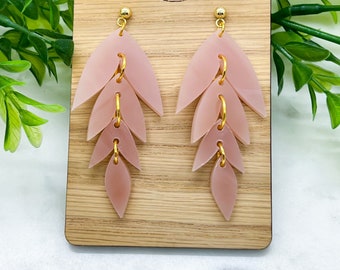 Rose Quartz Tiered Leaf Acrylic Dangle Stud Earrings, Pink Lightweight Boho Petite Statement Earrings, Spring Accessory Jewelry for Her