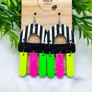 Black White Neon Cork Leather Chandelier Earrings, Retro 80s 90s Lightweight Dangle Earrings, Bright Geometric Statement Accessory Earrings