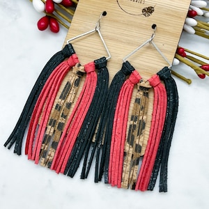 Red Black Leopard Long Leather Fringe Hoop, Boho Hippie Vintage Tassel Earrings, Silver Dangle Statement Earrings, Valentine Earrings