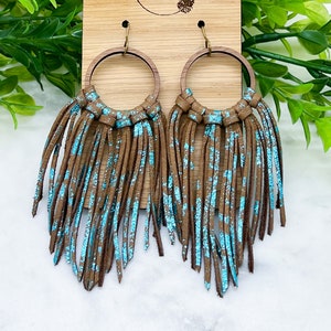 Metallic Turquoise Brown Long Leather Fringe Hoop, Boho Hippie Vintage Tassel Earrings, Western Dangle Statement Earrings, Summer Accessory
