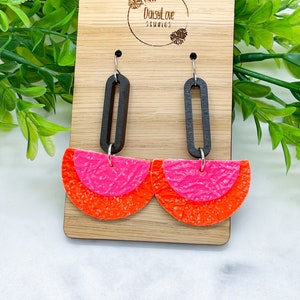 Neon Pink Orange Fringe Semi-Circle Dangle Earrings, Wood and Genuine Leather Fan Statement Earrings, Geometric Retro 80s Summer Accessory