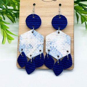 Snakeskin Cork Leather Chandelier Earrings, Boho Blue White Hexagon Lightweight Dangle Earrings, Fall Winter Statement Accessory Earrings