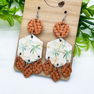 Palm Tree Tropical Cork Leather Chandelier Earrings, Boho Beach Hexagon Lightweight Dangle Earrings, Summer Statement Accessory Earrings