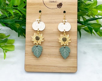 Boho Pumpkin Sunflower Leaf Acrylic Dangle Earrings, Lightweight Fall Statement Accessory