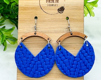 Royal Blue Genuine Leather Wood Hoop Earrings, Boho Statement Summer Accessory