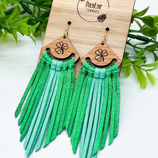 Green Long Fringe Leather Earrings, Wood Boho Inspired Statement Earrings, Lightweight Tassel St Patrick’s Day Earrings