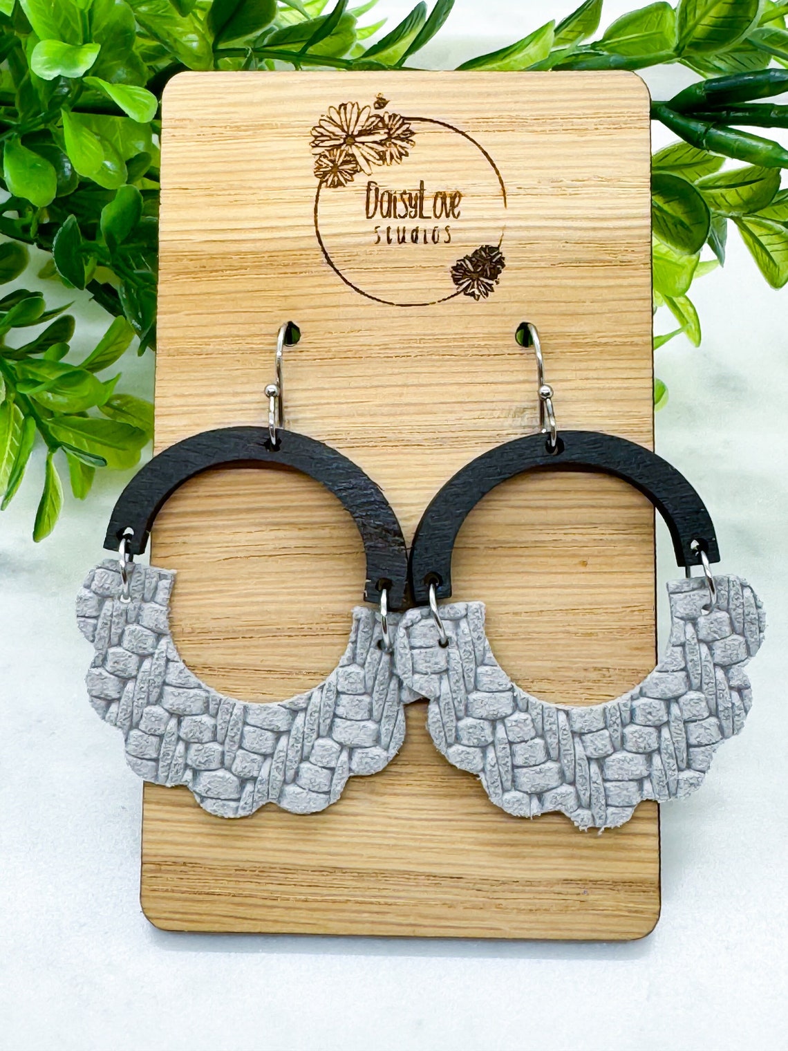 Scallop Gray Genuine Leather Wood Arch Earrings, Boho Inspired ...