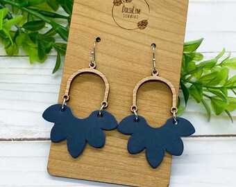 Navy Blue Flower Leather Earrings, Wood Arch Petal Earrings, Boho Inspired Earrings, Lightweight Statement Earrings, Spring Gifts for Her