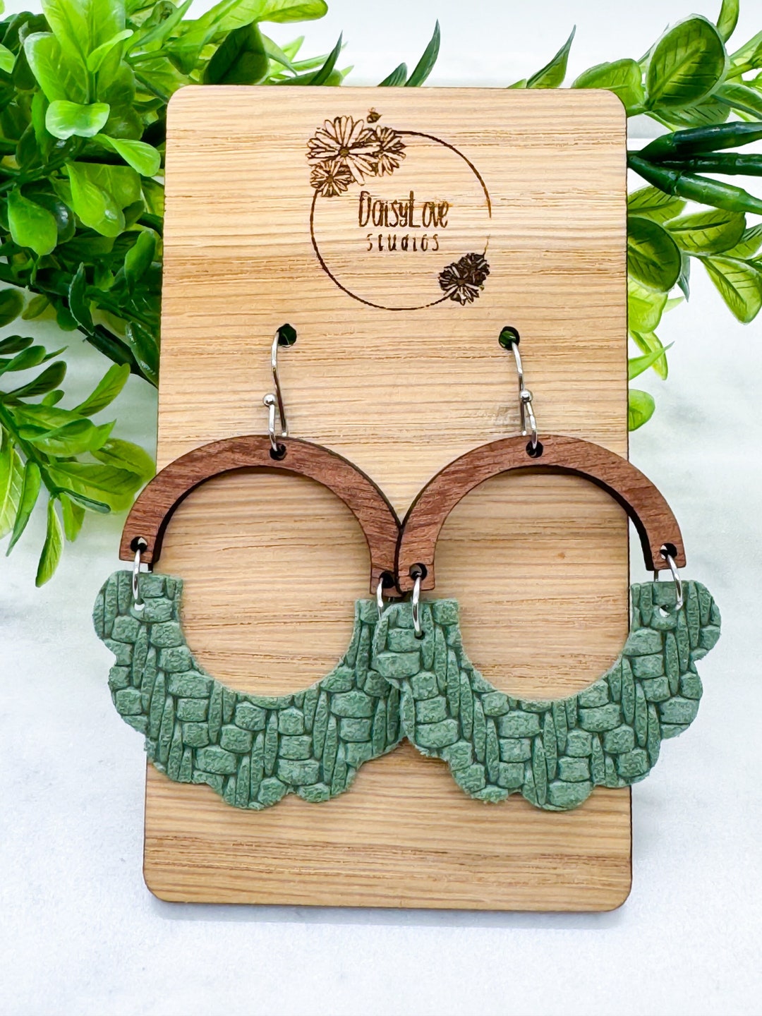 Scallop Spring Green Genuine Leather Wood Arch Earrings, Boho Inspired ...