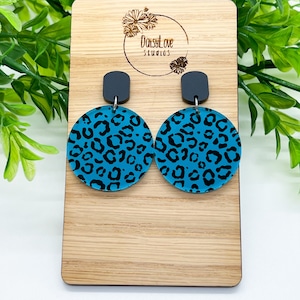 Teal Leopard Print Acrylic Stud Dangle Earrings, Lightweight Boho Earrings, Petite Statement Earrings, Black Stud Earrings, Fall Earrings