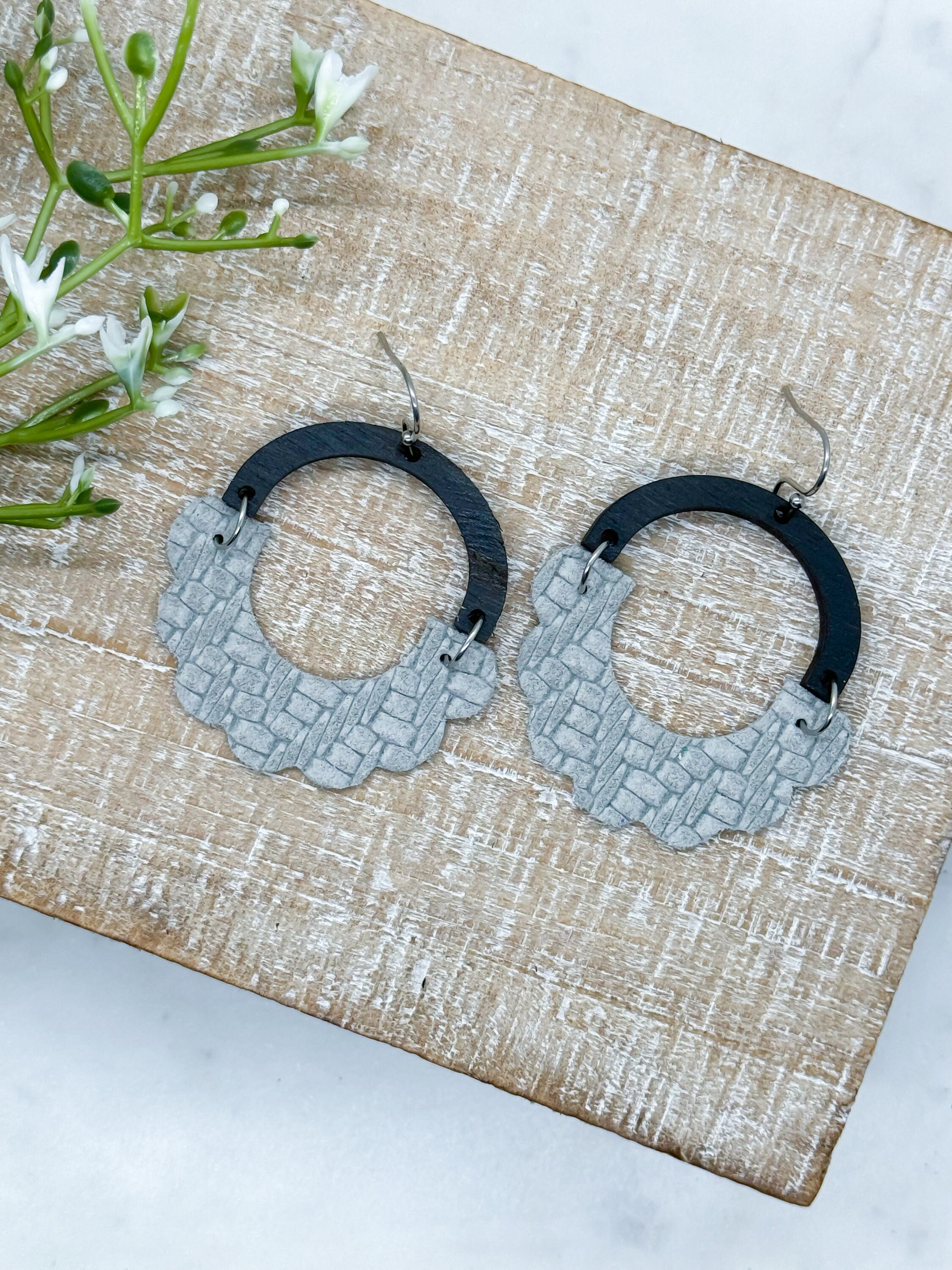 Scallop Gray Genuine Leather Wood Arch Earrings, Boho Inspired ...