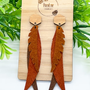 Brown Fringe Feather Leather Stud Earrings, Long Leather Boho Earrings for Women, Layered Leather Suede Earrings, Fall Statement Earring
