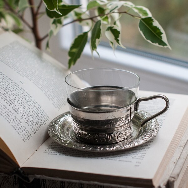 Vintage Cup and Saucer - Glass Holder / Podstakannik with Glass and Saucer