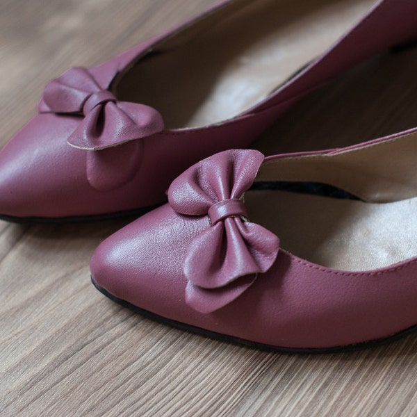 Vintage 80's Leather Shoes - Unworn Raspberry Pink Pumps, Bow Shoes, UK 5 US 7.5