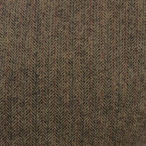 May include: A close-up view of a woven fabric featuring a brown and tan herringbone pattern. The textile is accented with thin, vertical pinstripes in a muted rust-orange color, creating a textured appearance across the entire surface.