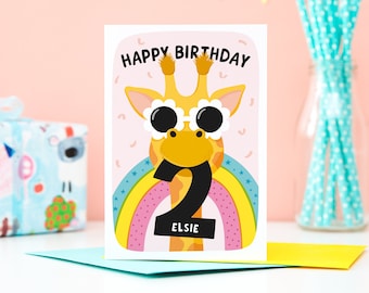 2nd Birthday Card Girl / Giraffe & Rainbow / Girls 2nd Birthday Card /  2nd Birthday Card Daughter / Niece / Granddaughter / Giraffe Card