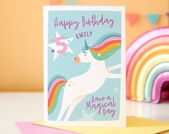 KIDS UNICORN BIRTHDAY CARDS PERSONALISED with any AGE RELATIONSHIP /& NAME