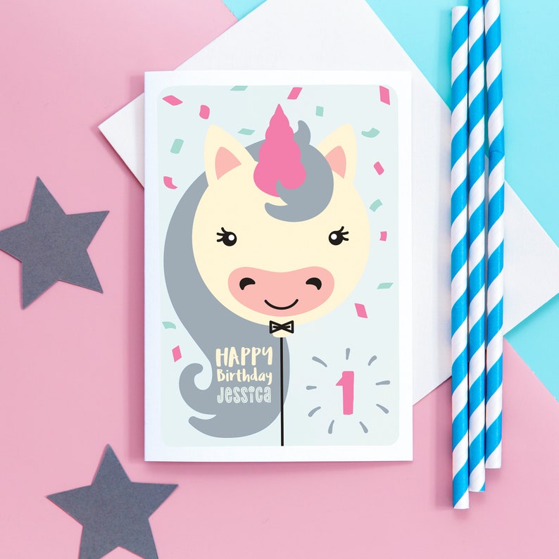 Licorne 1ère carte danniversaire / 1ère carte danniversaire fille / carte danniversaire fille / 1er anniversaire / carte danniversaire de tout âge / 1er anniversaire Nièce image 1