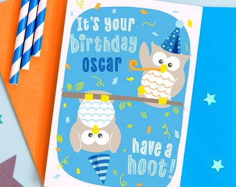 Personalised owl birthday card / childrens birthday card / fun kids birthday card / boys birthday card / girls birthday card